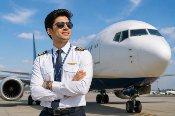 B.Sc Aviation student pilot standing near aircraft at aviation training campus in Madurai, Tamil Nadu, India
