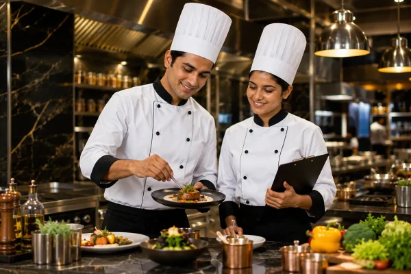 B.Sc Hotel Management students preparing food in a modern kitchen at a college in Madurai, Tamil Nadu, India