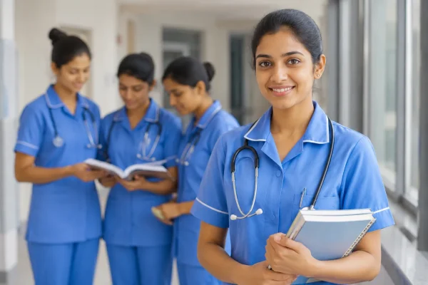 B.Sc Nursing students in Madurai, Tamil Nadu learning in hospital training with books and uniforms