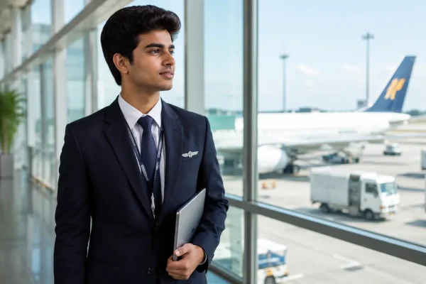 BBA Airline & Airport Management course student at airport terminal in Madurai, Tamil Nadu, India