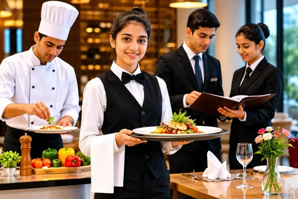 Students learning hotel management in Madurai college with practical training in hotel and restaurant service