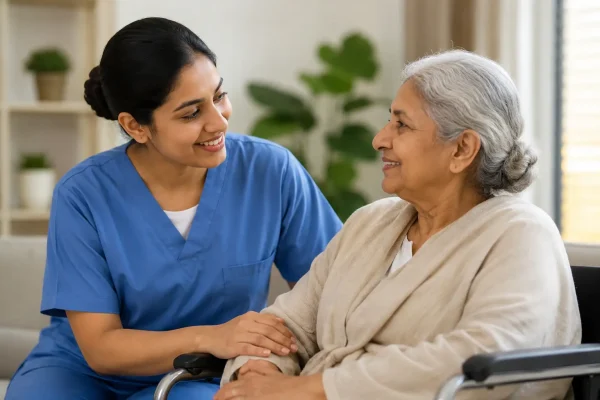 Caring nurse supporting elderly woman for Diploma in Human Care course in Madurai, Tamil Nadu, India