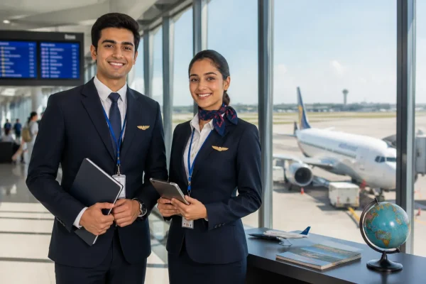 Students learning travel and tourism management course in Madurai, Tamil Nadu, India airport setting