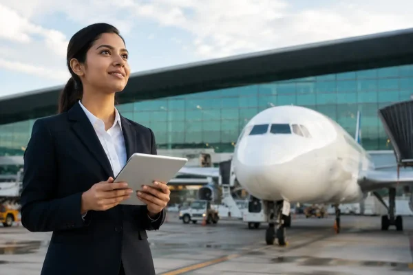 Student with tablet standing near airplane at airport for MBA Airline and Airport Management course in Madurai